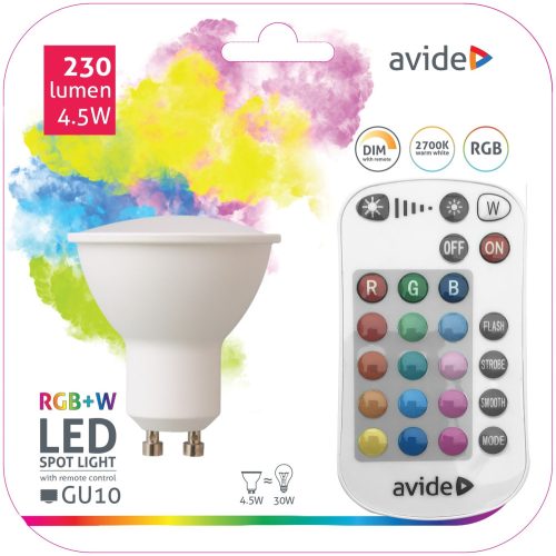 4,5W RGB+W GU10 LED fényforrás távirányítóval Avide