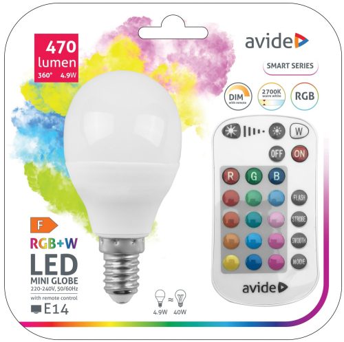 4,9W RGB+W E14 LED fényforrás távirányítóval Avide